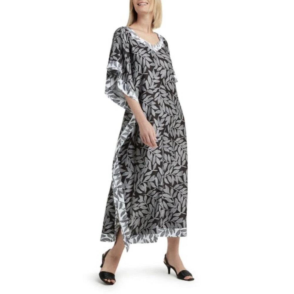 Halston Black Dotted‎ Leaf Contrast Caftan Dress Size XS/S Swim Coverup - NEW